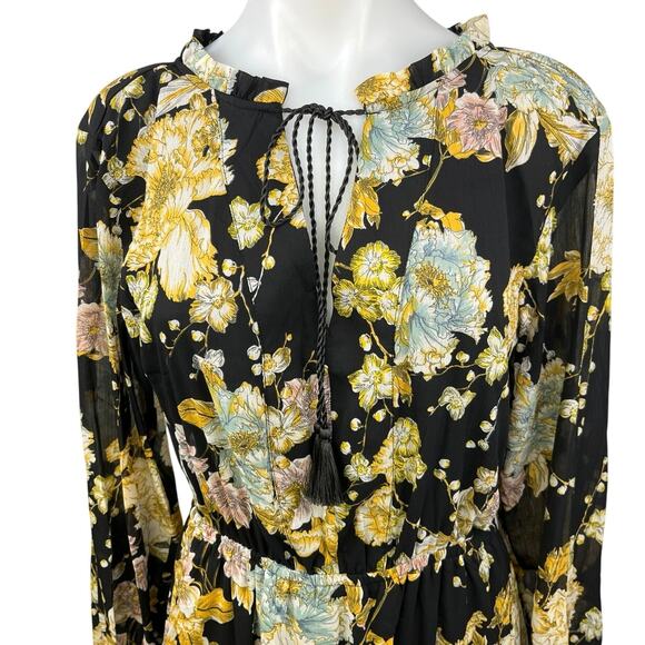 NEW H&M Black Multicolor Floral Ruffle Tassel V-neck Long Sleeve Maxi Dress Sz 2 - Picture 5 of 7